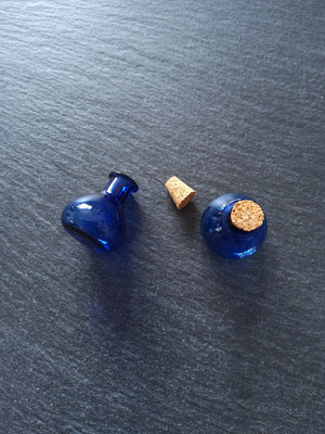 2 or 10 Little Glass Bottles Cobalt Blue Flat Bottom with Cork Stopper Size 27x21mm