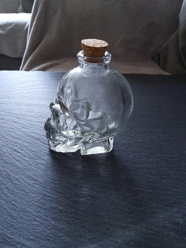 1 or 5 Large Clear Glass Skull Bottles with Cork Stopper 120ml Size 90x60mm (3.5"x2.4") - ContentedCatz