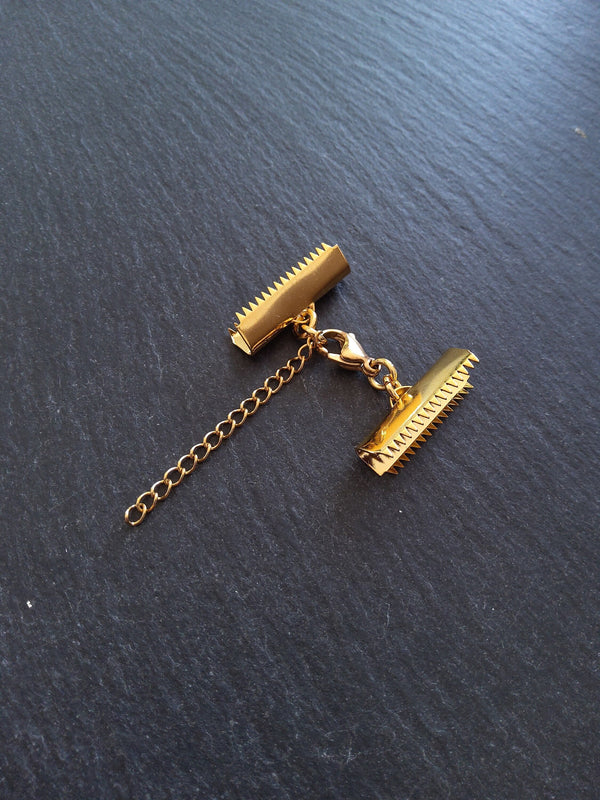 1 or 5 Gold Stainless Steel Crimp End Sets for 25mm (1 inch) Ribbon with Extender Chain