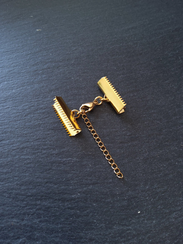 1 or 5 Gold Stainless Steel Crimp End Sets for 25mm (1 inch) Ribbon with Extender Chain