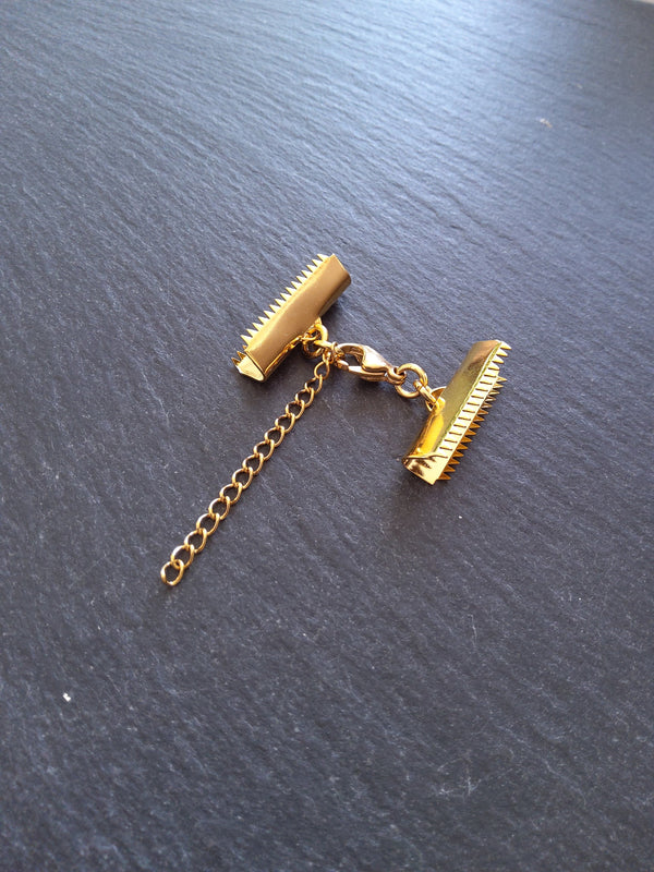 1 or 5 Gold Stainless Steel Crimp End Sets for 25mm (1 inch) Ribbon with Extender Chain