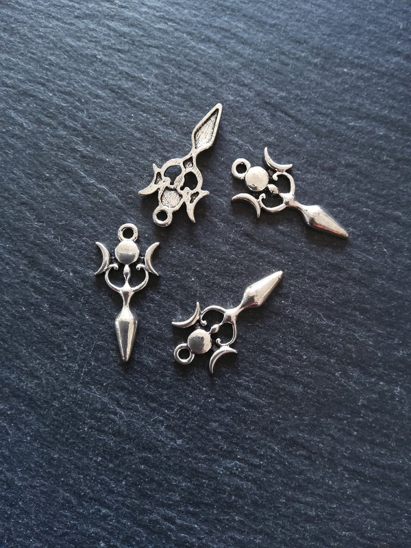 6 or 30 Triple Moon Goddess Charms Silver Tone Alloy 27x13mm