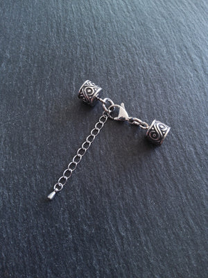 1 Set of Patterned Stainless Steel End Caps for 8mm Cord with Extender Chain (8.5mm end caps)