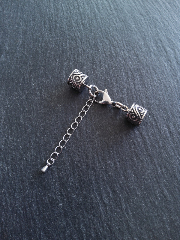 1 Set of Patterned Stainless Steel End Caps for 8mm Cord with Extender Chain (8.5mm end caps)