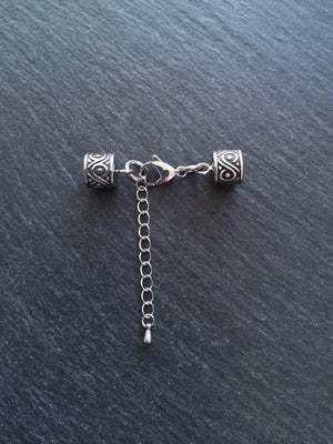 1 Set of Patterned Stainless Steel End Caps for 8mm Cord with Extender Chain (8.5mm end caps)