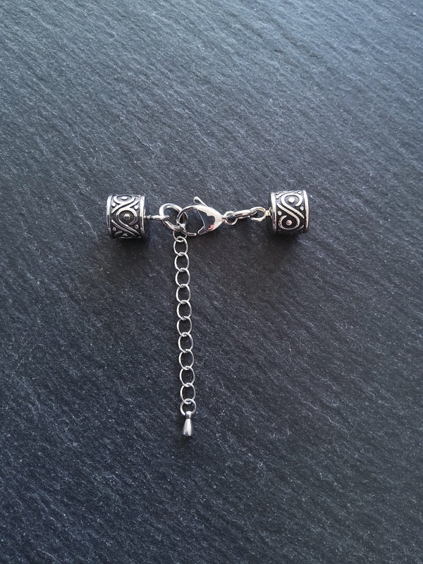 1 Set of Patterned Stainless Steel End Caps for 8mm Cord with Extender Chain (8.5mm end caps)