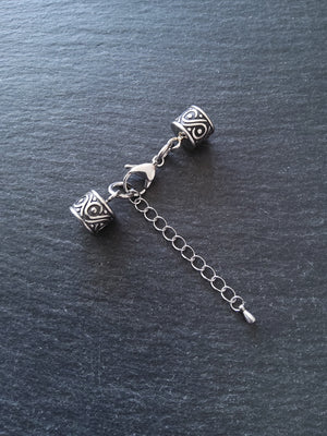 1 Set of Patterned Stainless Steel End Caps for 8mm Cord with Extender Chain (8.5mm end caps)
