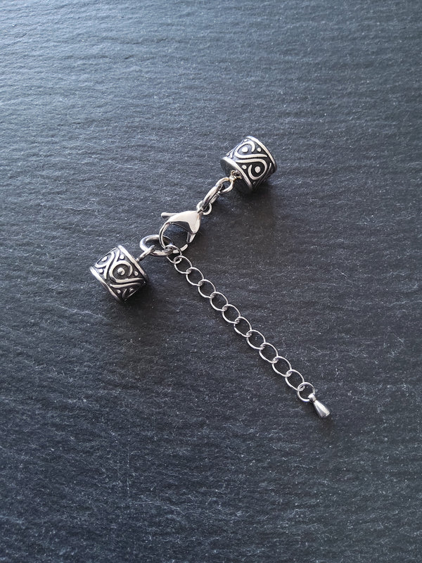 1 Set of Patterned Stainless Steel End Caps for 8mm Cord with Extender Chain (8.5mm end caps)