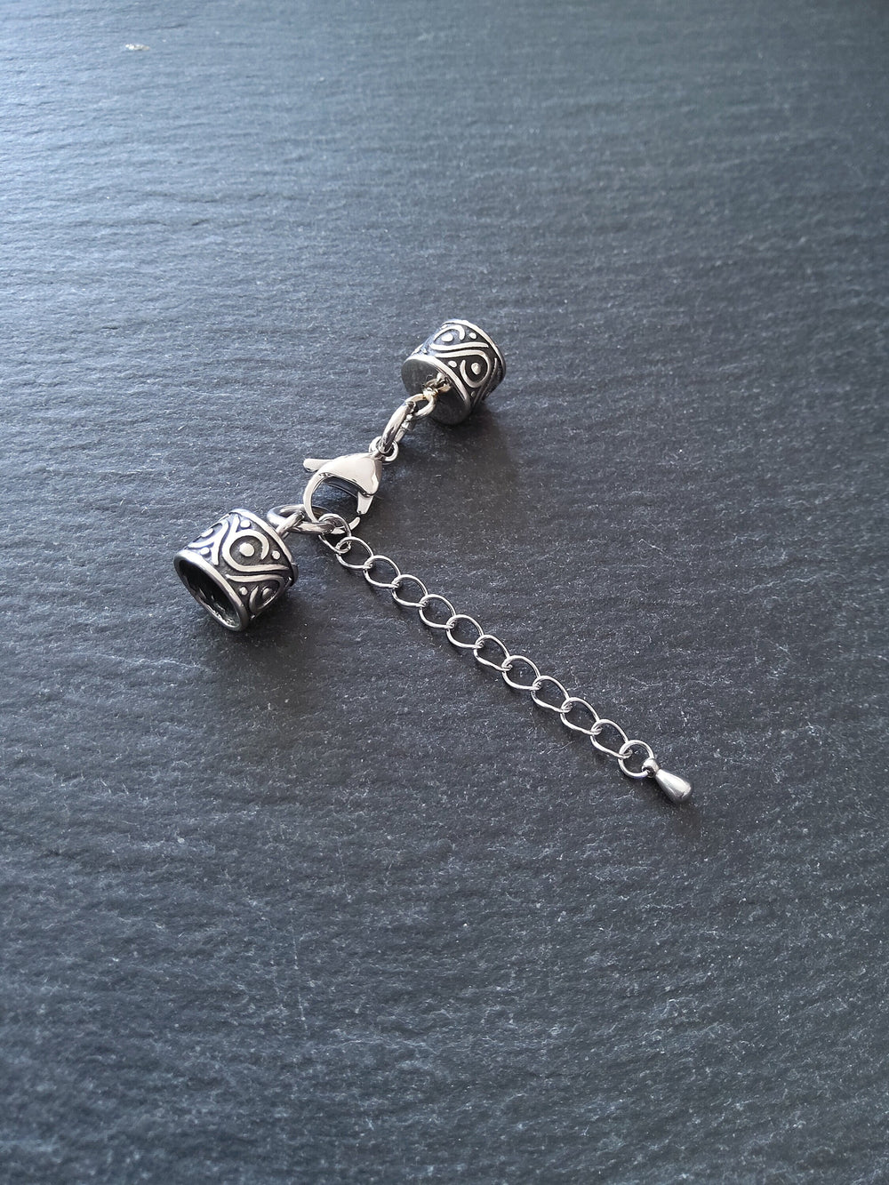 1 Set of Patterned Stainless Steel End Caps for 8mm Cord with Extender Chain (8.5mm end caps)