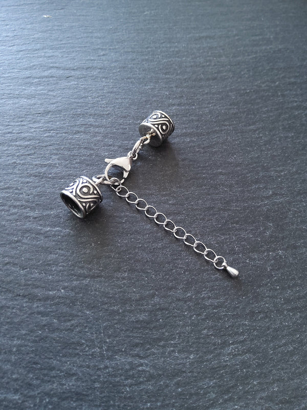 1 Set of Patterned Stainless Steel End Caps for 8mm Cord with Extender Chain (8.5mm end caps)
