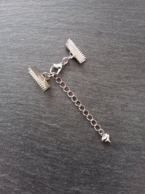 5 Antique Silver Tone Crimp End Sets for Ribbon Chokers with Heart Extender Chain (Various Sizes)