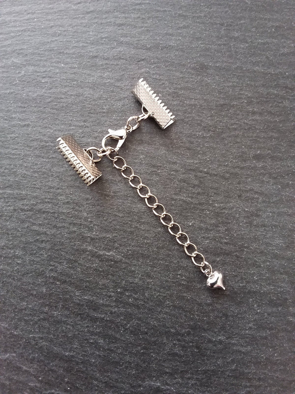 5 Antique Silver Tone Crimp End Sets for Ribbon Chokers with Heart Extender Chain (Various Sizes)