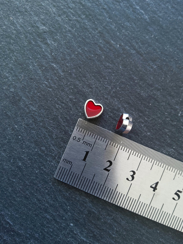 6 or 30 Heart Beads 8mm Antique Silver Tone with Red Enamel 8.5x8x4.2mmmm