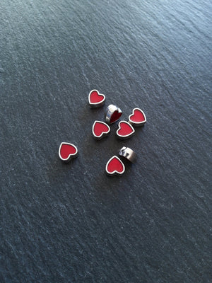 6 or 30 Heart Beads 8mm Antique Silver Tone with Red Enamel 8.5x8x4.2mmmm