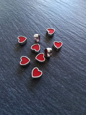 6 or 30 Heart Beads 8mm Antique Silver Tone with Red Enamel 8.5x8x4.2mmmm