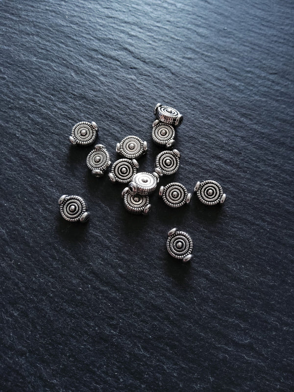 20 or 100 Silver Tone 7.5mm Circle Design Flattened Rounded Spacer Beads 10x7.5x4mm