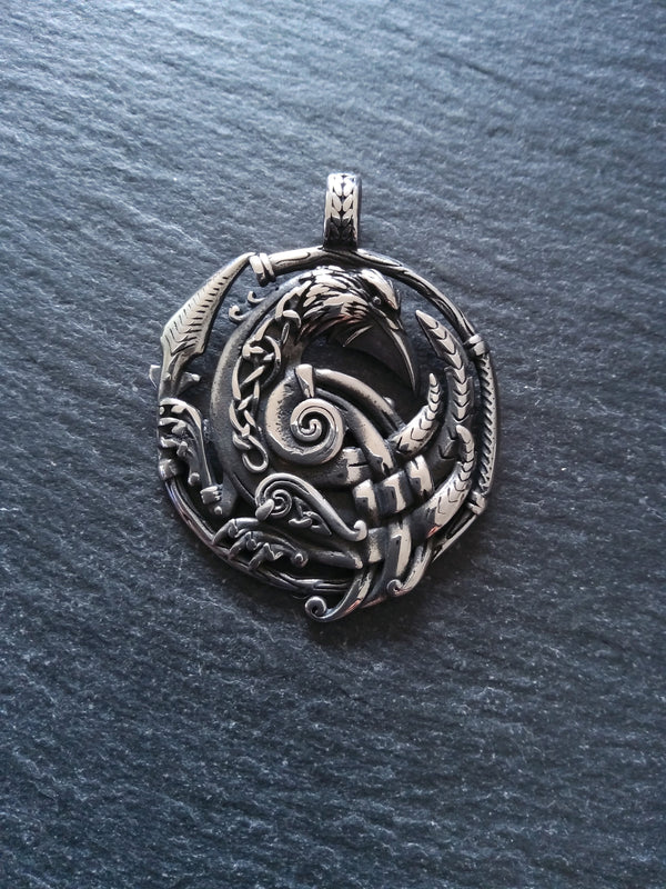 Large Norse Raven Pendant Pendant Stainless Steel 48x38mm - ContentedCatz