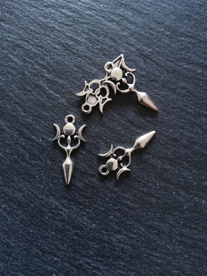 6 or 30 Triple Moon Goddess Charms Silver Tone Alloy 27x13mm