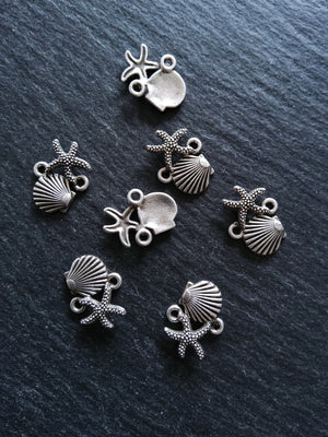 4 or 20 Sea Shell & Starfish Connector Charms Antiqued Sterling Silver Plated 18x13.5x2.5mm Nickel FREE