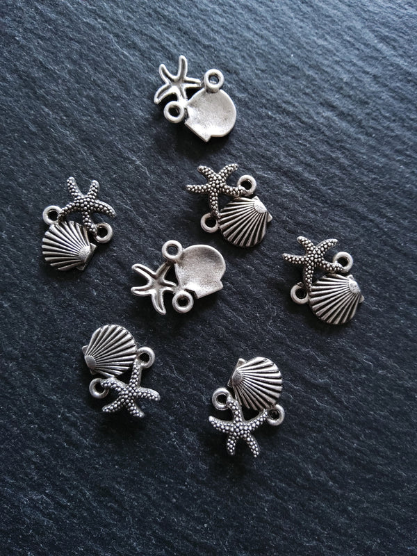 4 or 20 Sea Shell & Starfish Connector Charms Antiqued Sterling Silver Plated 18x13.5x2.5mm Nickel FREE