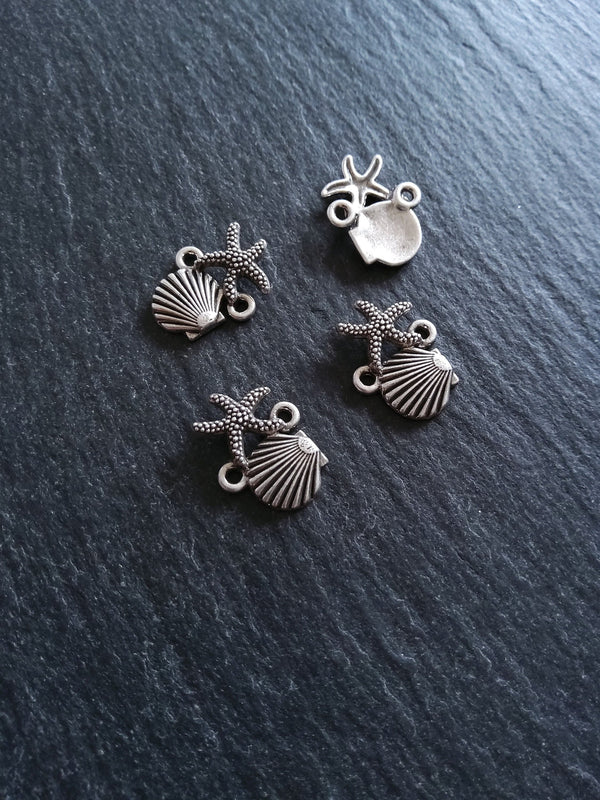 4 or 20 Sea Shell & Starfish Connector Charms Antiqued Sterling Silver Plated 18x13.5x2.5mm Nickel FREE