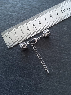 1 Set of Patterned Stainless Steel End Caps for 8mm Cord with Extender Chain (8.5mm end caps)