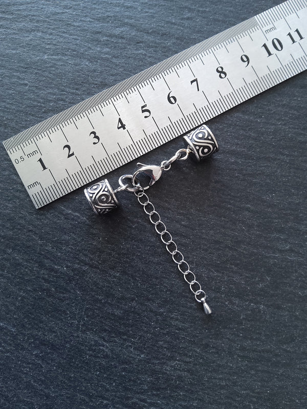 1 Set of Patterned Stainless Steel End Caps for 8mm Cord with Extender Chain (8.5mm end caps)