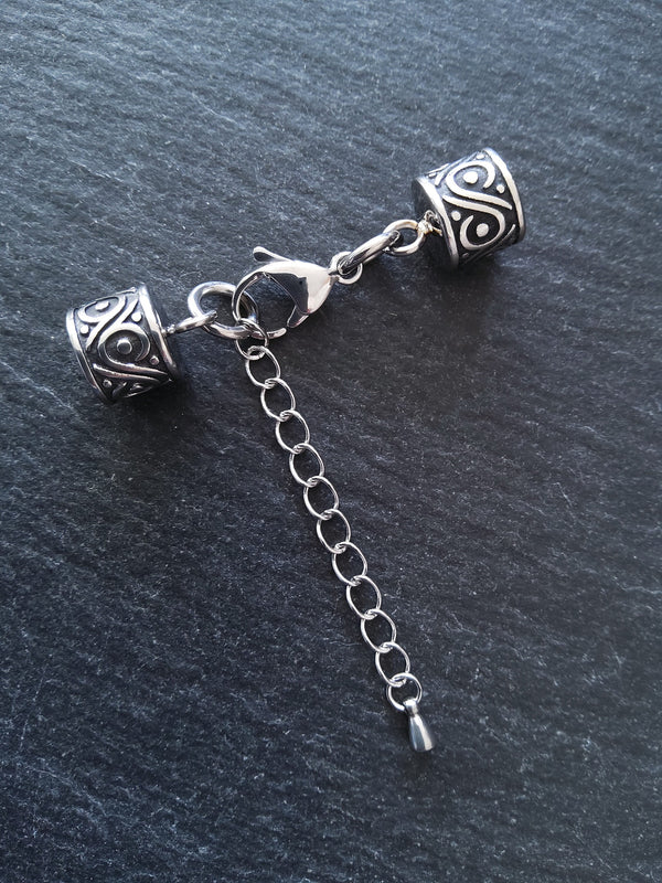 1 Set of Patterned Stainless Steel End Caps for 8mm Cord with Extender Chain (8.5mm end caps)