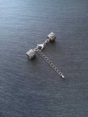 1 Set of Patterned Stainless Steel End Caps for 8mm Cord with Extender Chain (8.5mm end caps)
