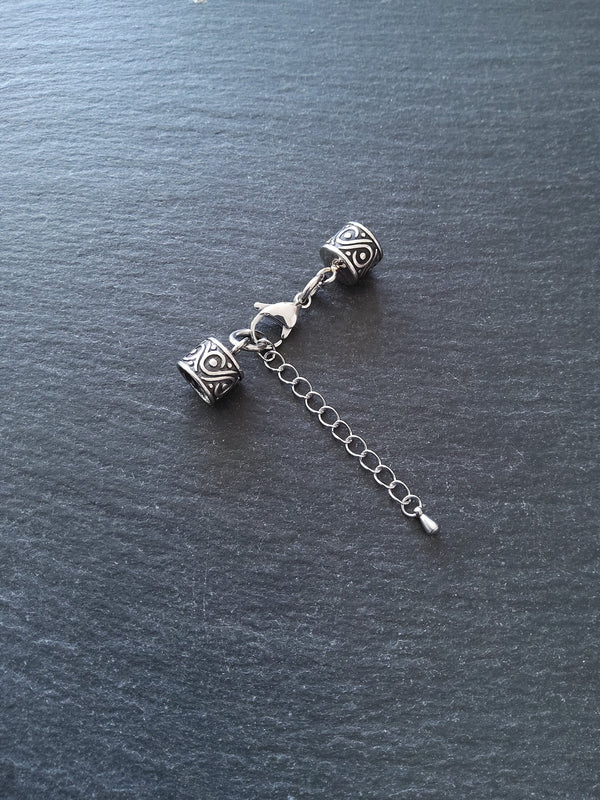 1 Set of Patterned Stainless Steel End Caps for 8mm Cord with Extender Chain (8.5mm end caps)