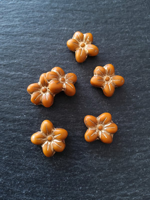 6 or 30 Czech Glass 14mm Flower Beads Matte Pumpkin Orange with Gold Patina 14x13x4.5mm