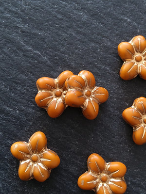 6 or 30 Czech Glass 14mm Flower Beads Matte Pumpkin Orange with Gold Patina 14x13x4.5mm