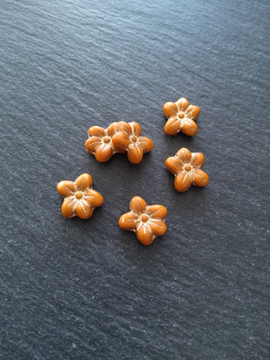 6 or 30 Czech Glass 14mm Flower Beads Matte Pumpkin Orange with Gold Patina 14x13x4.5mm