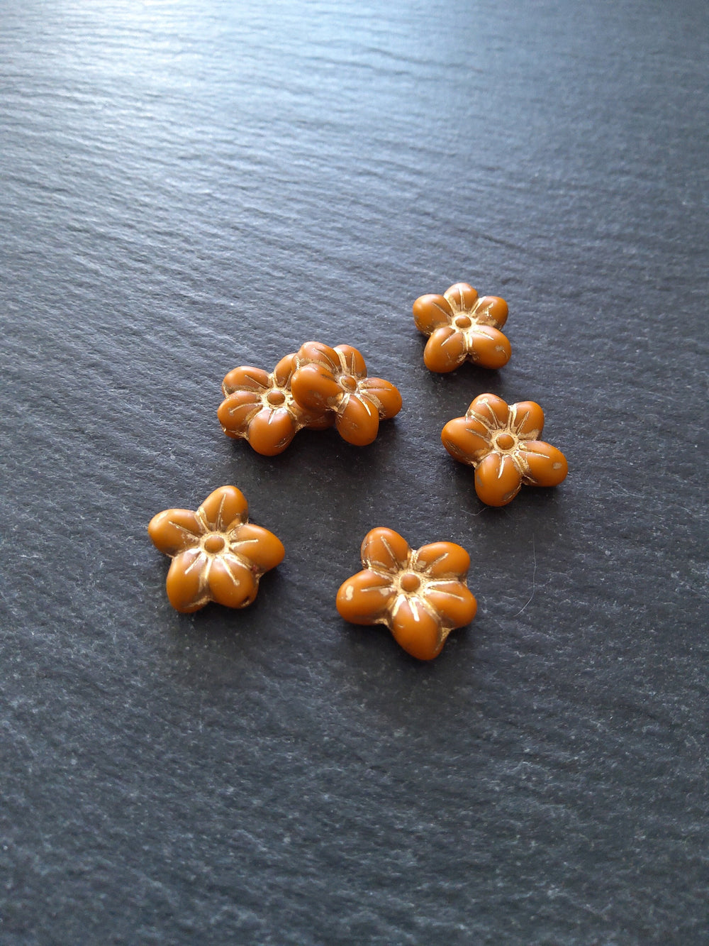 6 or 30 Czech Glass 14mm Flower Beads Matte Pumpkin Orange with Gold Patina 14x13x4.5mm