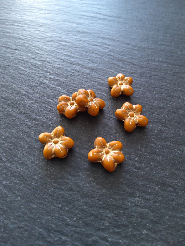 6 or 30 Czech Glass 14mm Flower Beads Matte Pumpkin Orange with Gold Patina 14x13x4.5mm