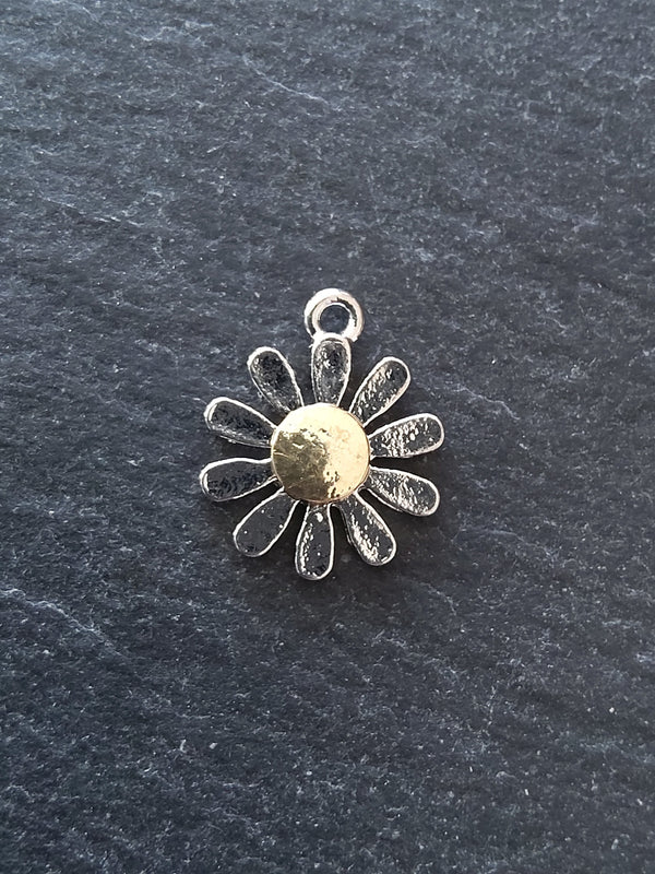 2 or 10 Daisy Flower Charms Silver & Gold 18x15mm