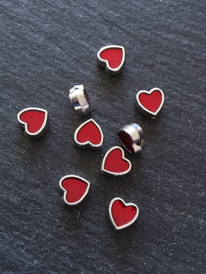 6 or 30 Heart Beads 8mm Antique Silver Tone with Red Enamel 8.5x8x4.2mmmm