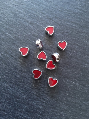 6 or 30 Heart Beads 8mm Antique Silver Tone with Red Enamel 8.5x8x4.2mmmm
