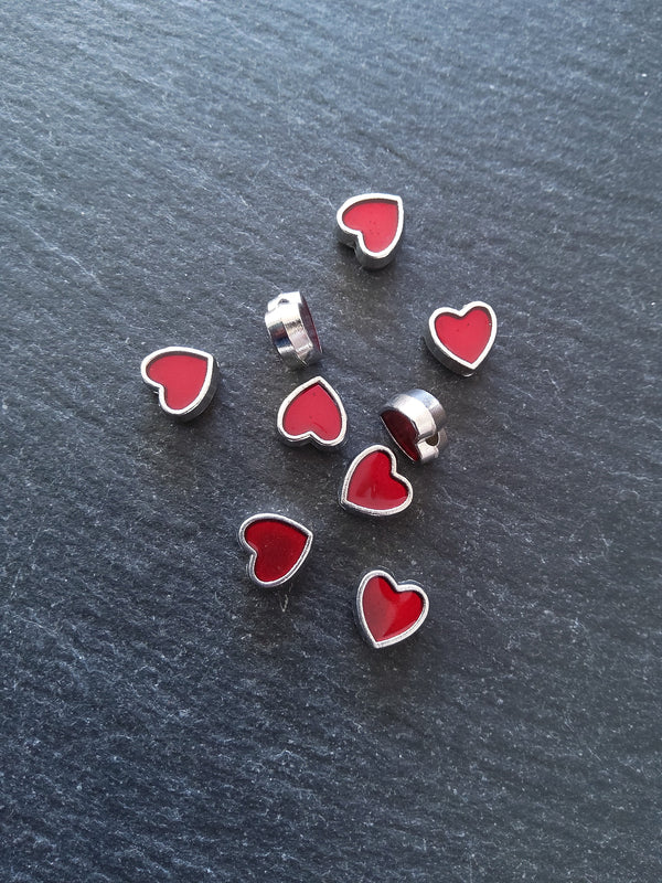 6 or 30 Heart Beads 8mm Antique Silver Tone with Red Enamel 8.5x8x4.2mmmm