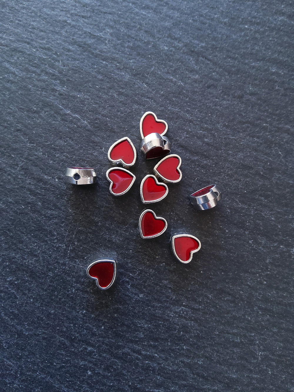 8 or 40 Heart Beads 8mm Antique Silver Tone with Red Enamel 8.5x8x4.2mm