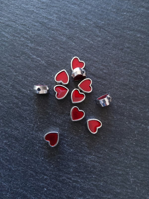 6 or 30 Heart Beads 8mm Antique Silver Tone with Red Enamel 8.5x8x4.2mmmm