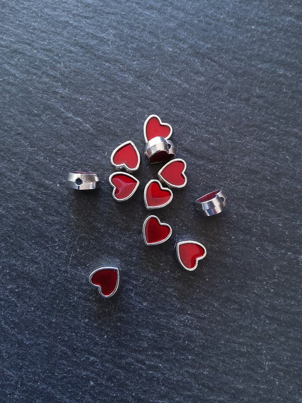 6 or 30 Heart Beads 8mm Antique Silver Tone with Red Enamel 8.5x8x4.2mmmm