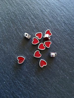 6 or 30 Heart Beads 8mm Antique Silver Tone with Red Enamel 8.5x8x4.2mmmm