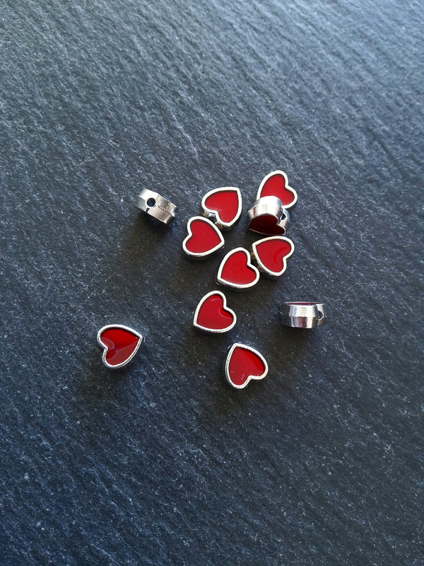 6 or 30 Heart Beads 8mm Antique Silver Tone with Red Enamel 8.5x8x4.2mmmm