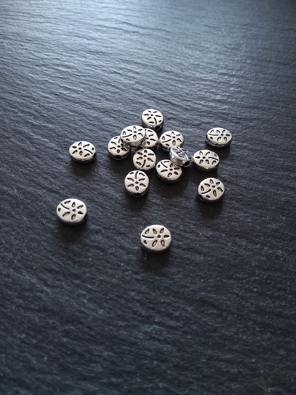 20 or 100 Antique Silver Tone Flattened 7mm Oval Shaped Flower Patterned Beads 7x7x3mm