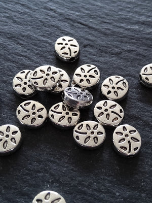 20 or 100 Antique Silver Tone Flattened 7mm Oval Shaped Flower Patterned Beads 7x7x3mm