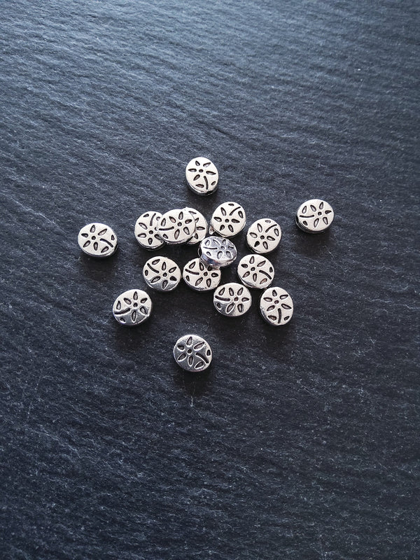 20 or 100 Antique Silver Tone Flattened 7mm Oval Shaped Flower Patterned Beads 7x7x3mm