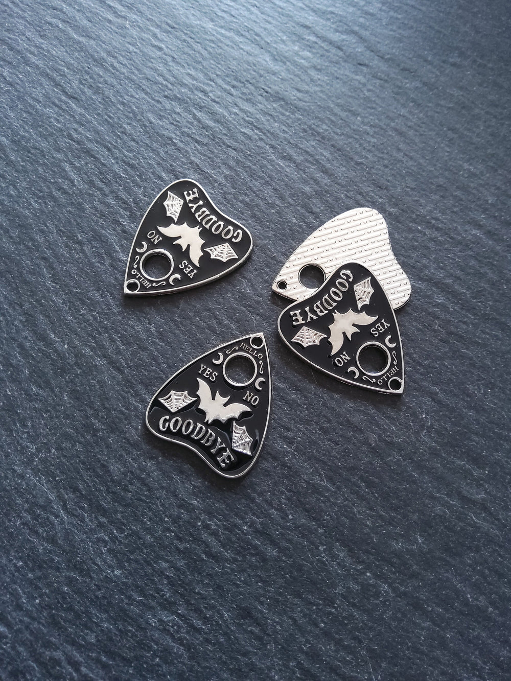 4 or 20 Silver Tone Ouija Bat Planchette Charms with Black Enamel 26x22mm