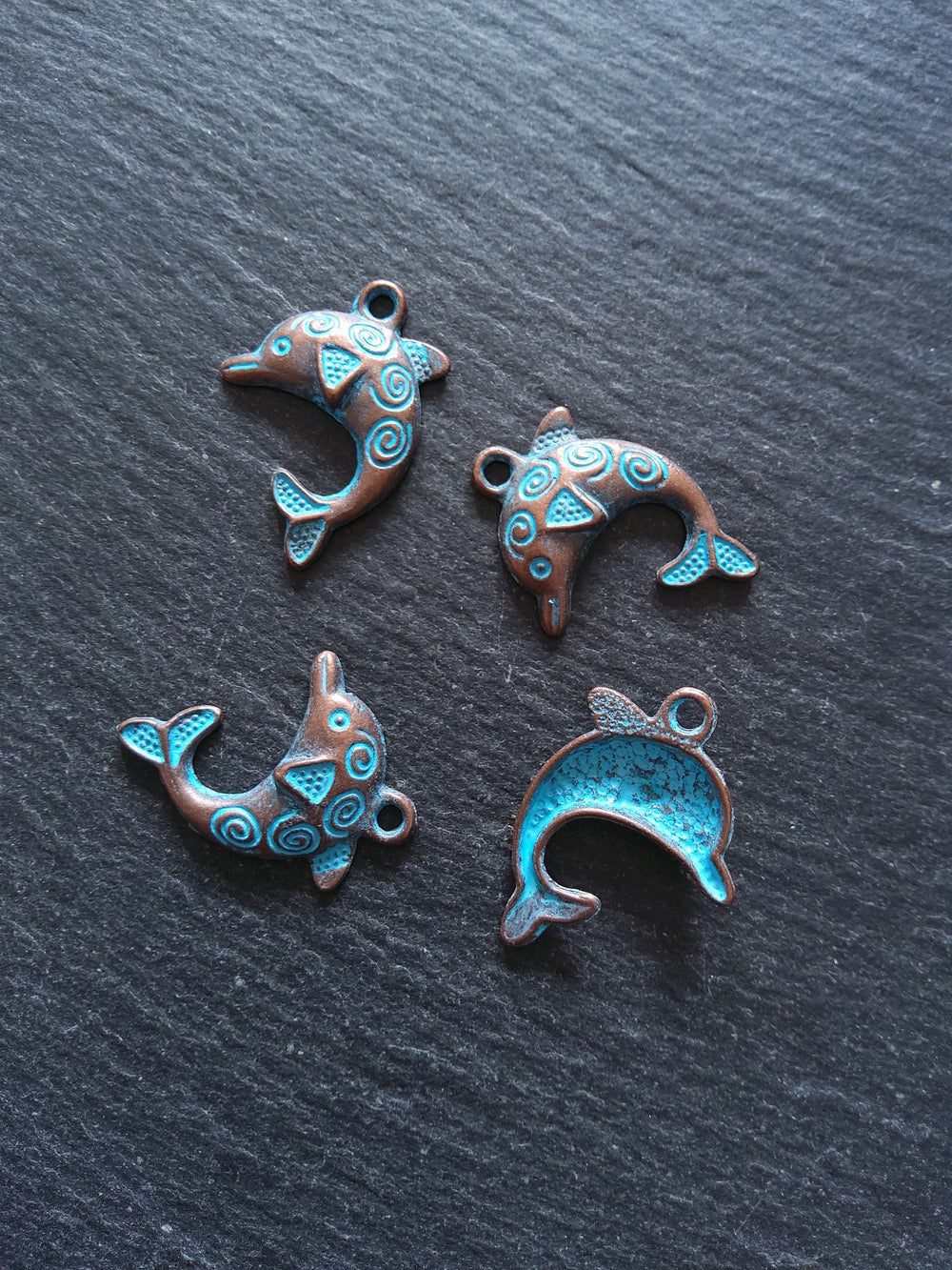 8 or 40 Antique Copper Dolphin Charms with Blue Patina 31x22mm