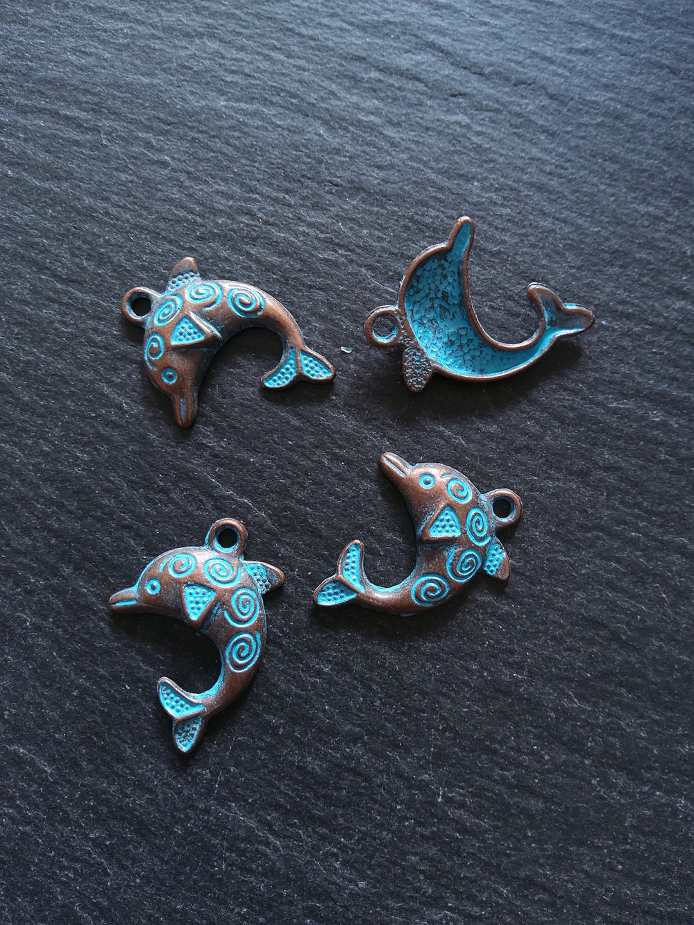 8 or 40 Antique Copper Dolphin Charms with Blue Patina 31x22mm